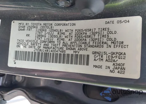 2004 Toyota 4Runner Sr5/Sport from USA, damaged, VIN JTEBU14R140047485